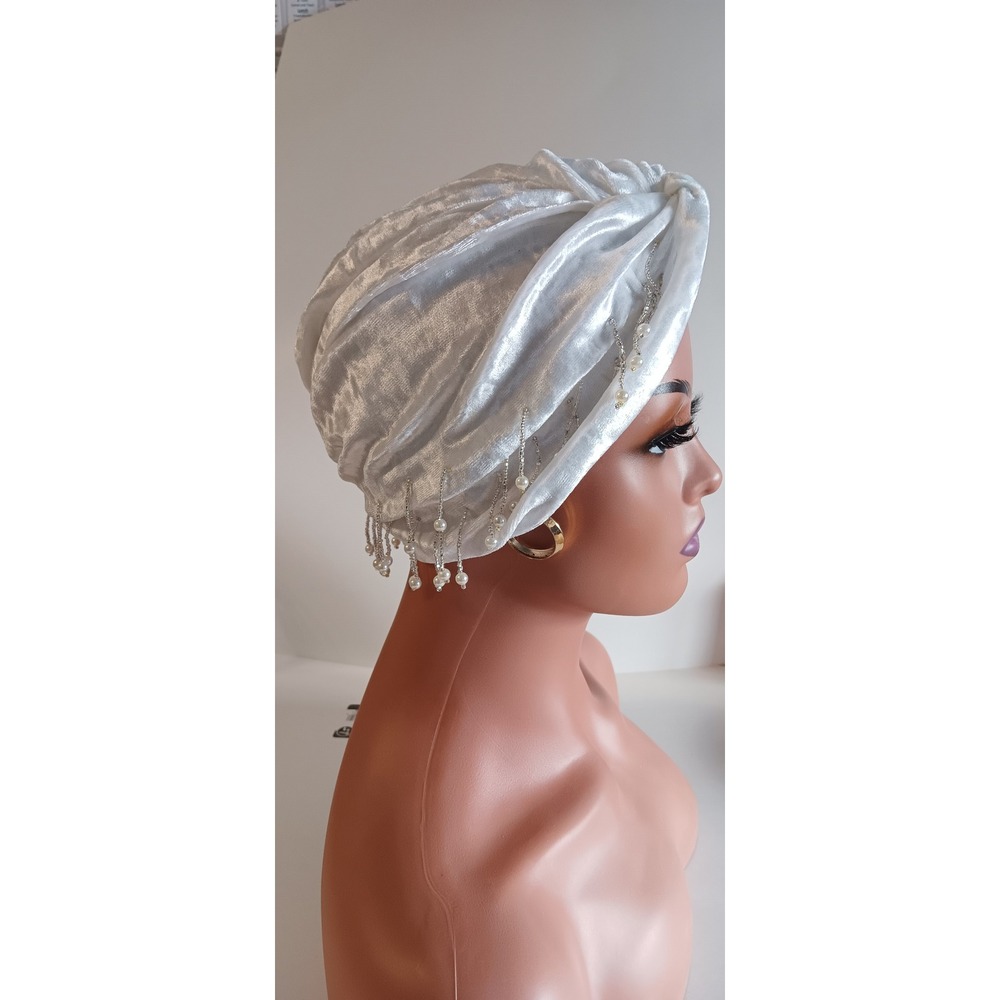White Crushed Velvet Turban Headpiece with Bead Fringe Modest Hijab Cap